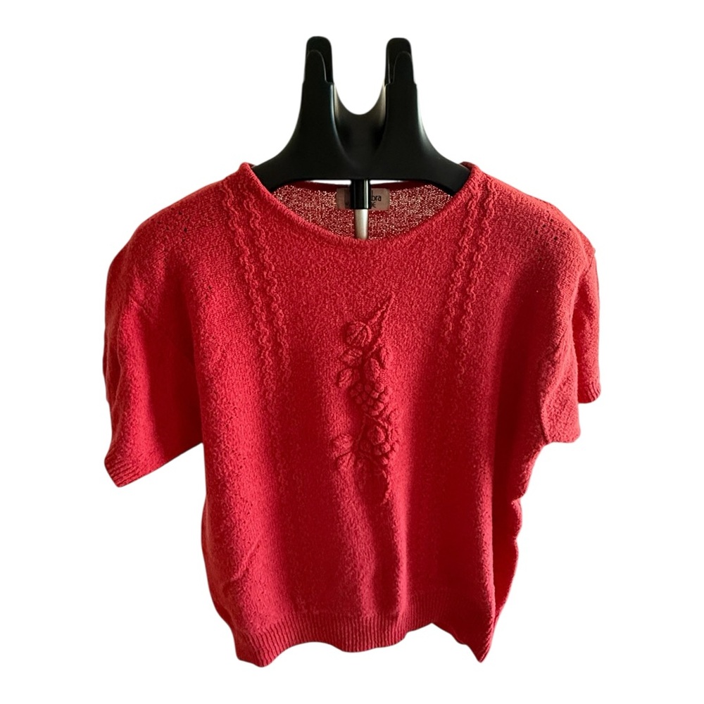 VTG Barba Sye Pink-Red Knitted Buckle Women's Sweater with Embroidered Flowers L